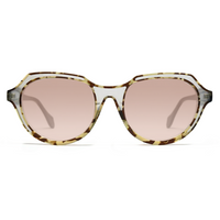 Sunglasses with tortoiseshell frame and pink lenses on a white background