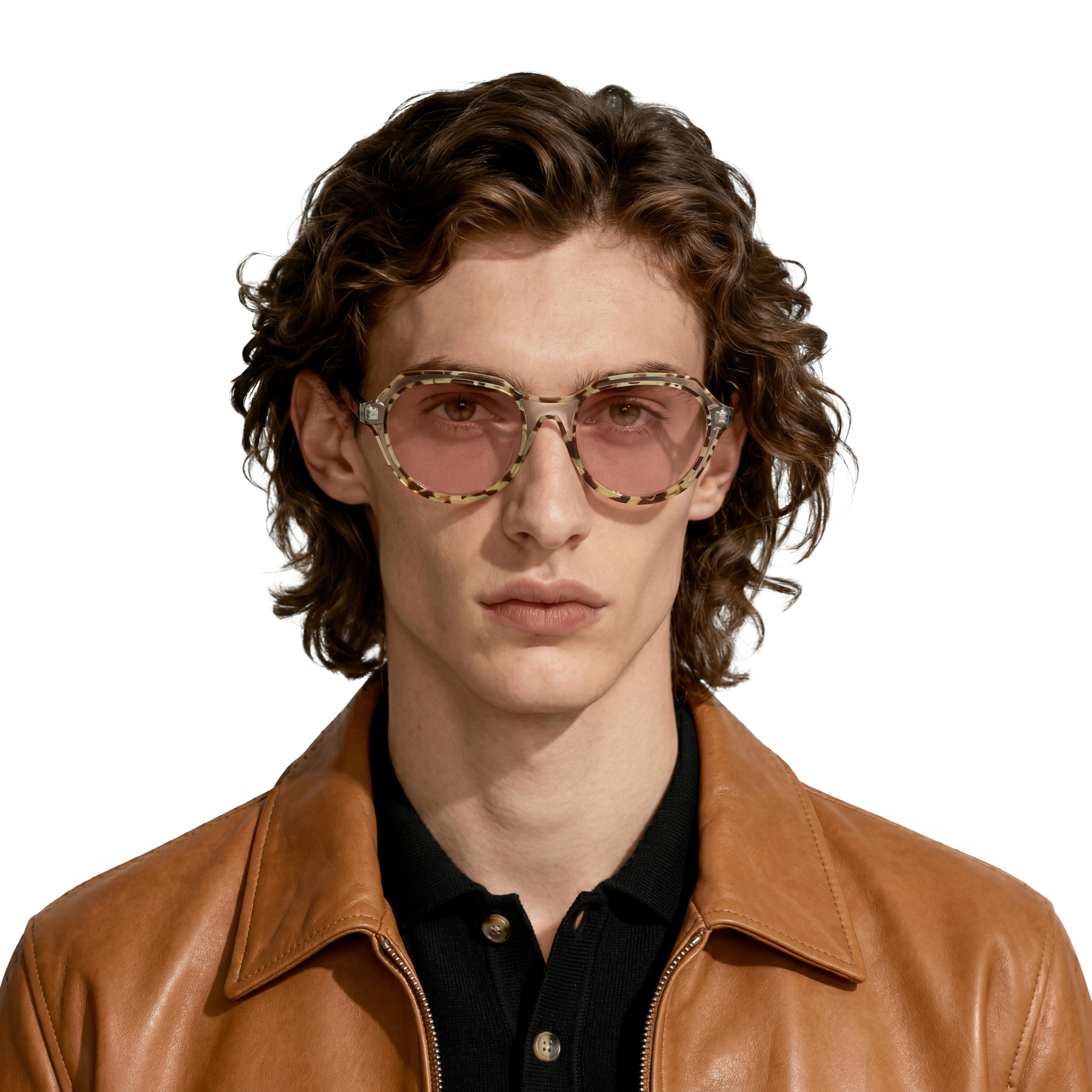 Man wearing a brown leather jacket and sunglasses on a white background
