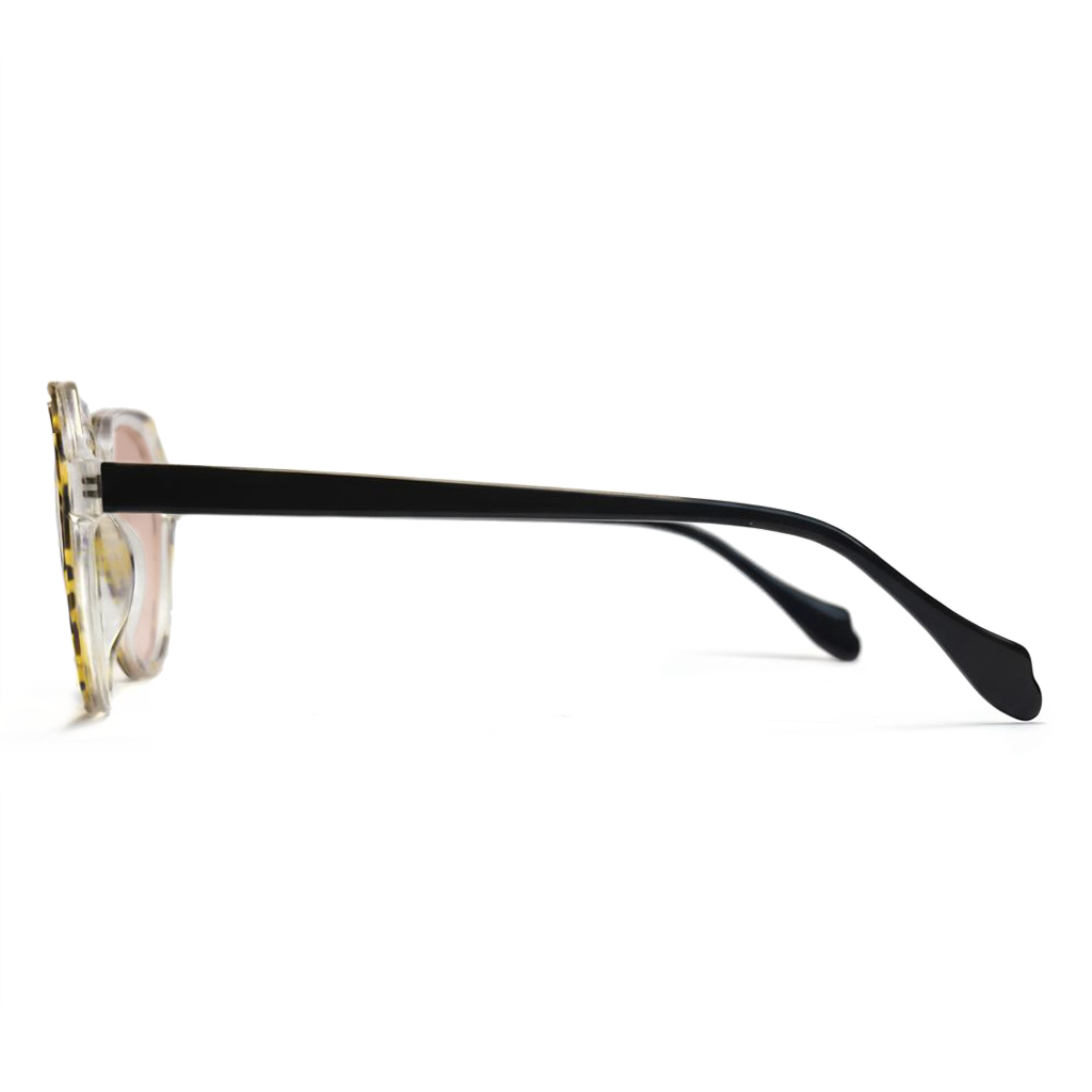 Sunglasses with black frame and clear lenses on a white background