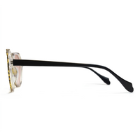 Sunglasses with black frame and clear lenses on a white background