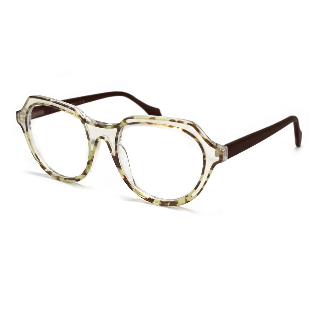Pair of eyeglasses with a tortoiseshell frame on a white background