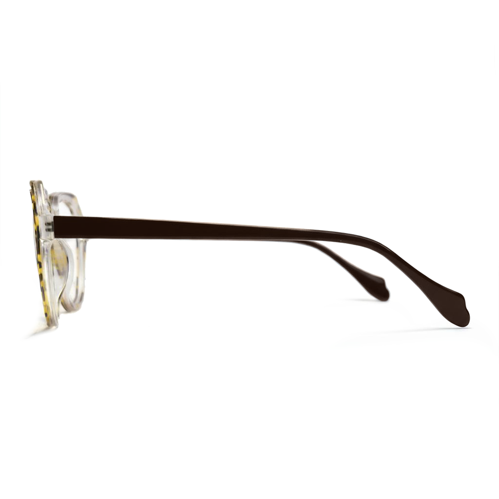 Eyeglasses with a clear frame and tortoiseshell pattern on a white background
