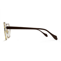 Eyeglasses with a clear frame and tortoiseshell pattern on a white background