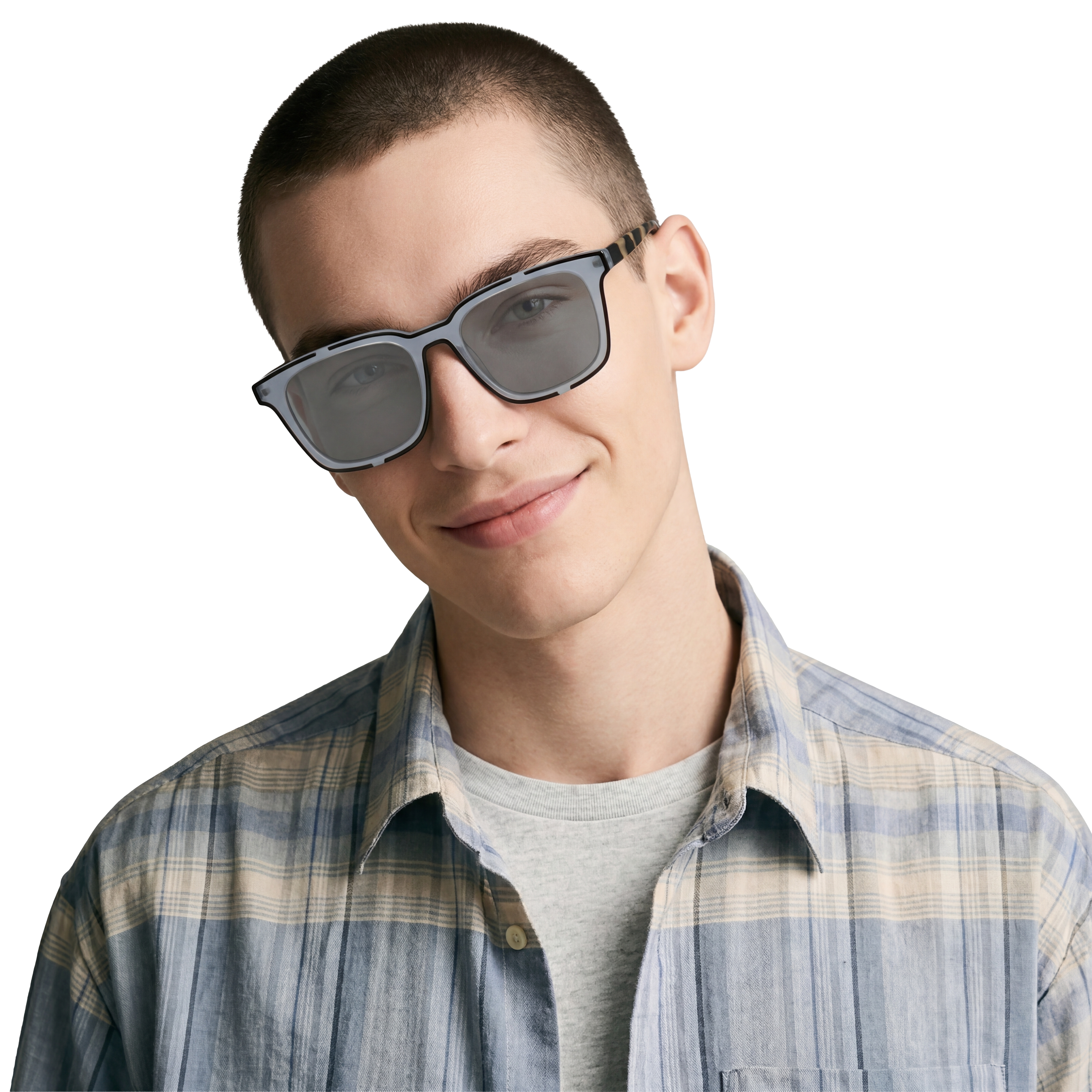 Person wearing sunglasses and a plaid shirt on a white background