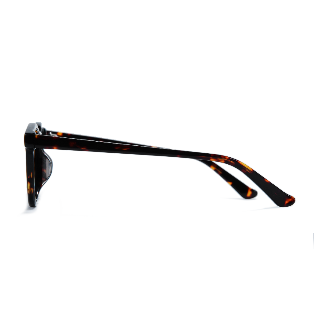 Side profile of square-frame sunglasses with tortoiseshell acetate arms on a white background.