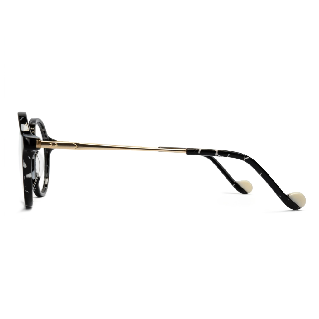 Eyeglasses with a black and gold frame on a white background