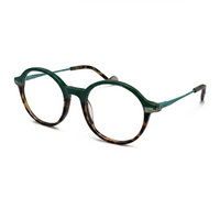 Round eyeglasses with a green and tortoiseshell frame on a white background
