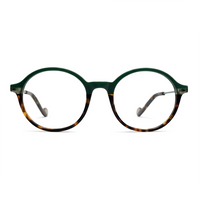 Round eyeglasses with a green and tortoiseshell frame on a white background