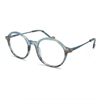 Round eyeglasses with a blue and brown frame on a white background