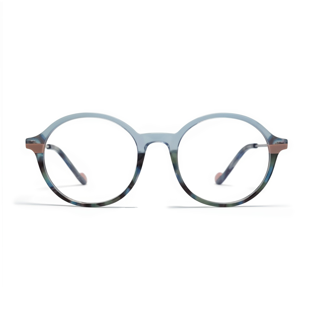 Round eyeglasses with a blue-tinted frame on a white background