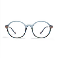 Round eyeglasses with a blue-tinted frame on a white background