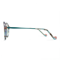 Eyeglasses with a colorful frame on a white background
