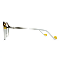 Eyeglasses with white frame and yellow accents on a white background