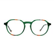 Green eyeglasses with orange and red accents on a white background