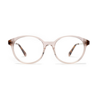 Round eyeglasses with a light brown frame on a white background