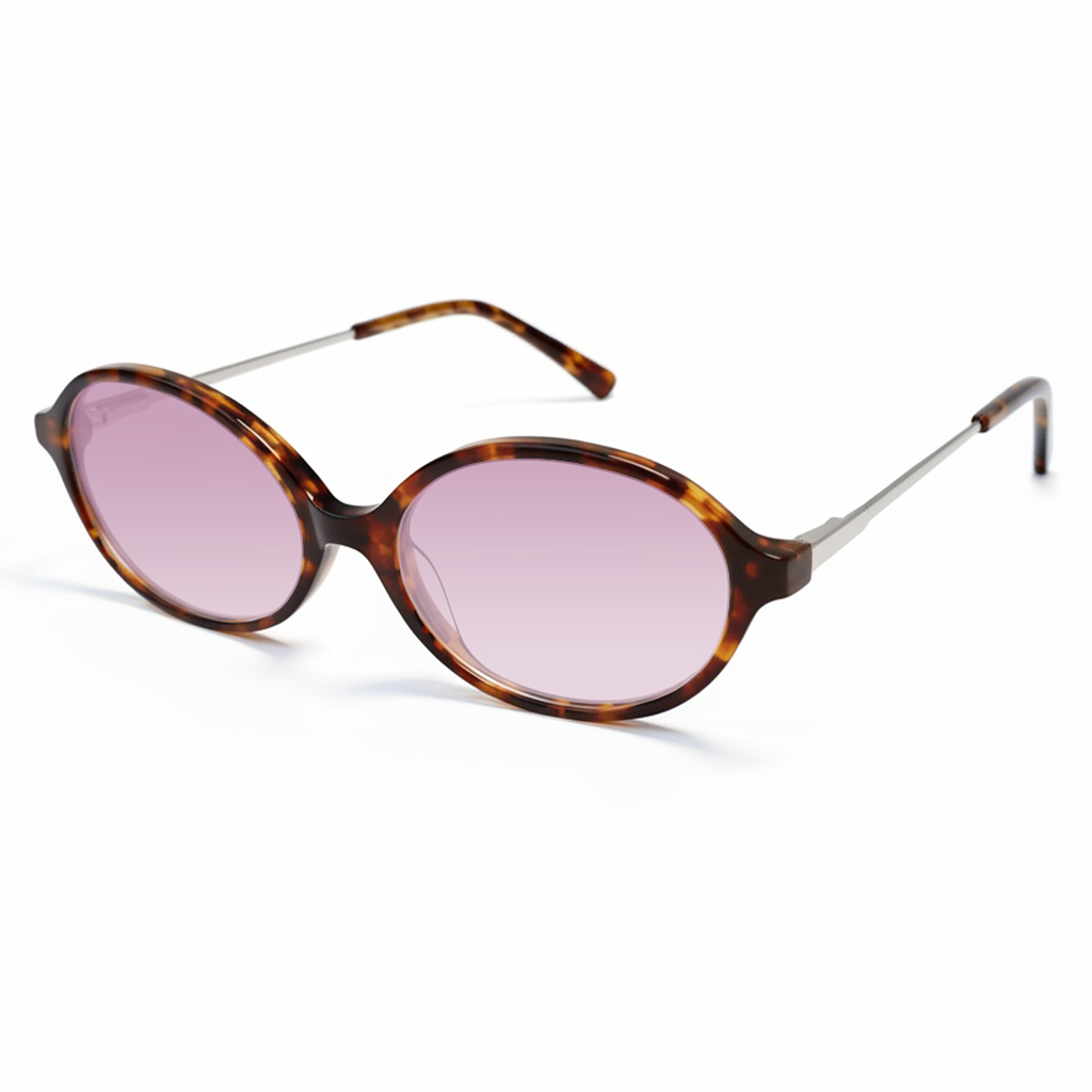 Sunglasses with tortoiseshell frame and pink lenses on a white background