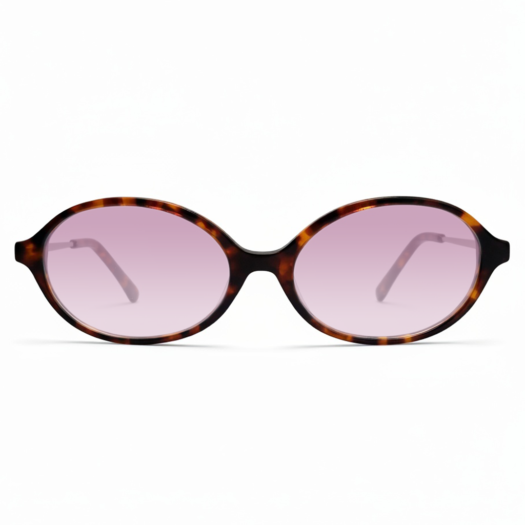 Sunglasses with tortoiseshell frame and pink lenses on a white background