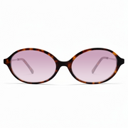 Sunglasses with tortoiseshell frame and pink lenses on a white background