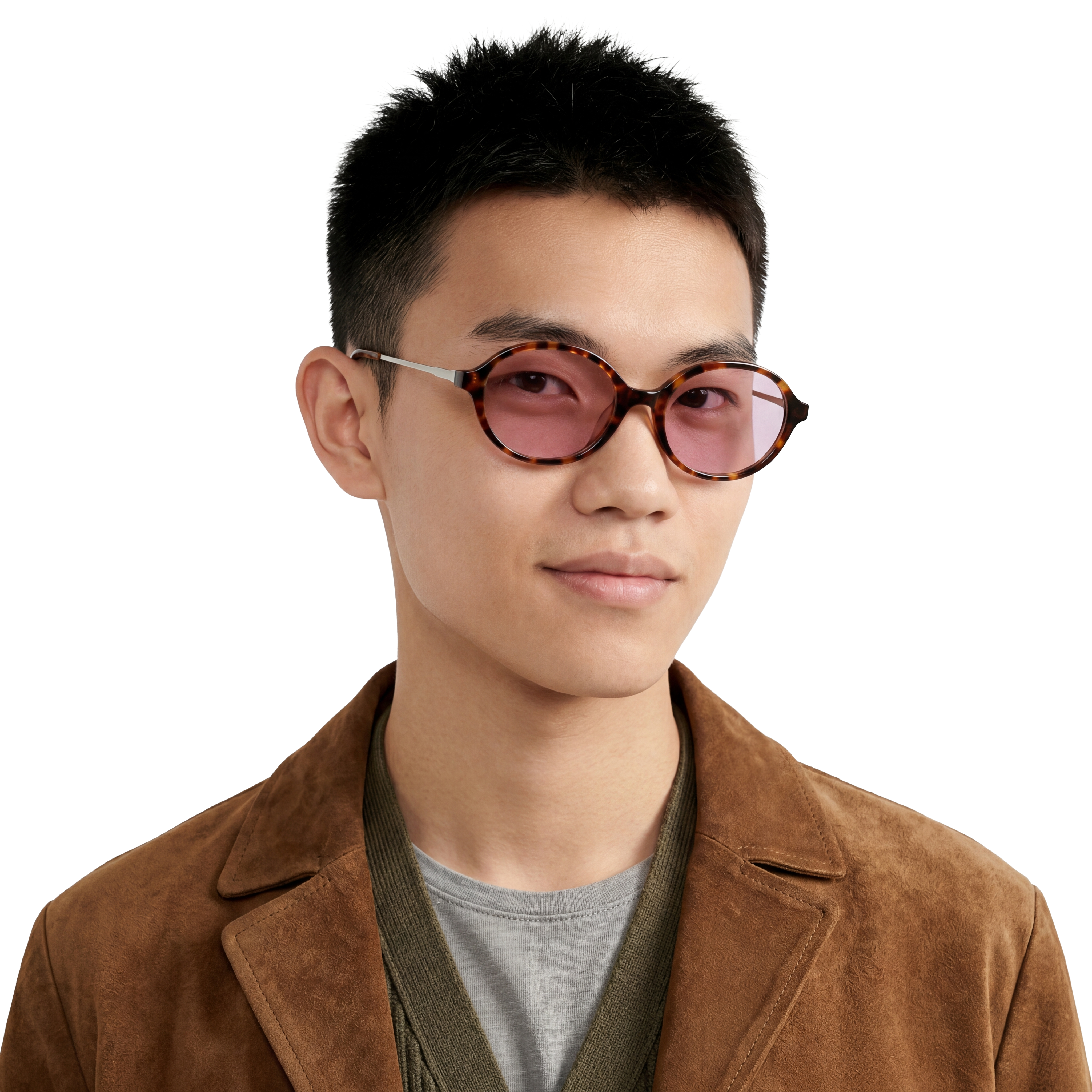 Man wearing a brown coat and sunglasses with a white background