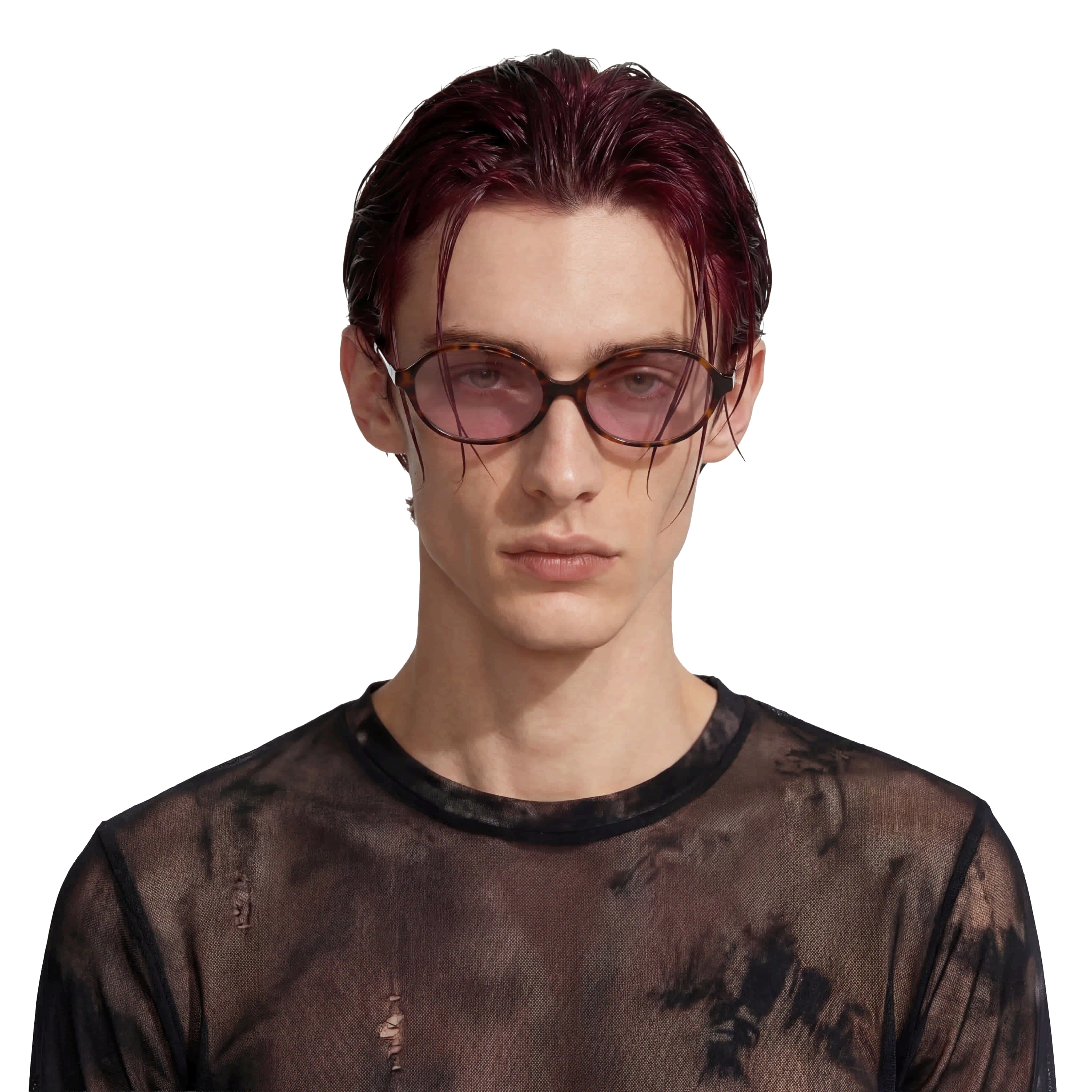 Person wearing a sheer black top with a white background