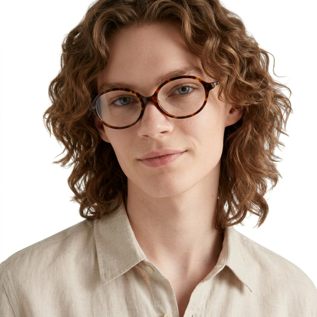 Person with curly hair wearing glasses and a light-colored shirt on a white background