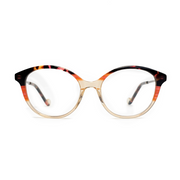 Cat-eye glasses with a tortoiseshell and beige frame on a white background