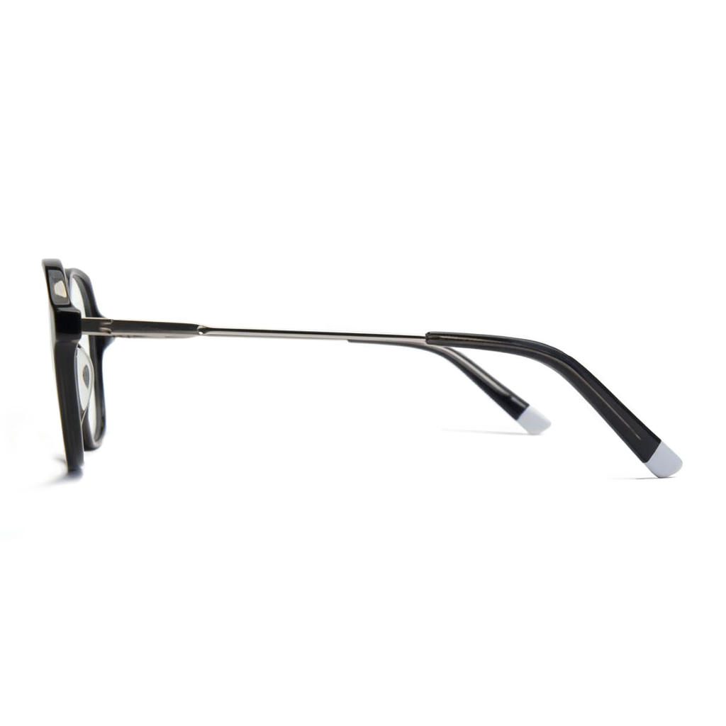 Sunglasses with silver frame and black lenses on a white background