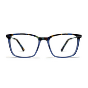 Blue and black eyeglasses on a white background