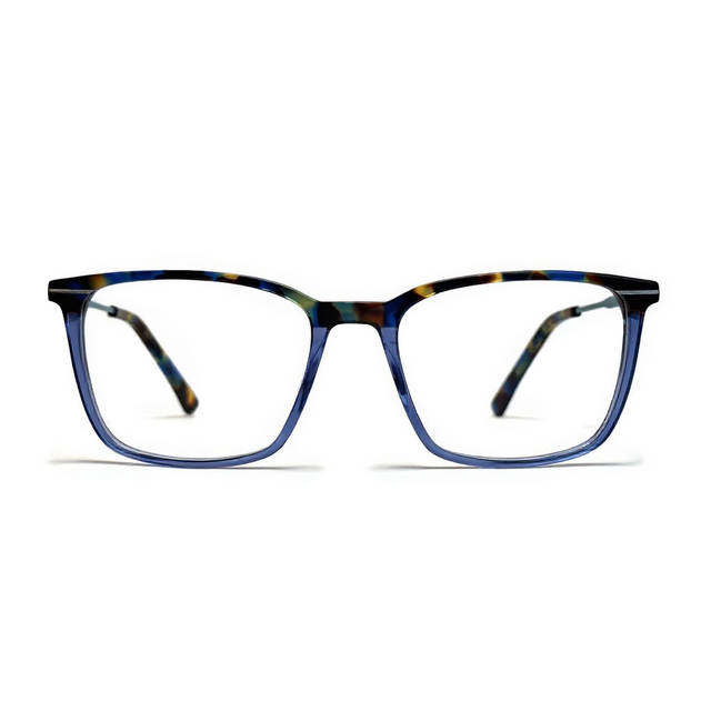 Blue and black eyeglasses on a white background