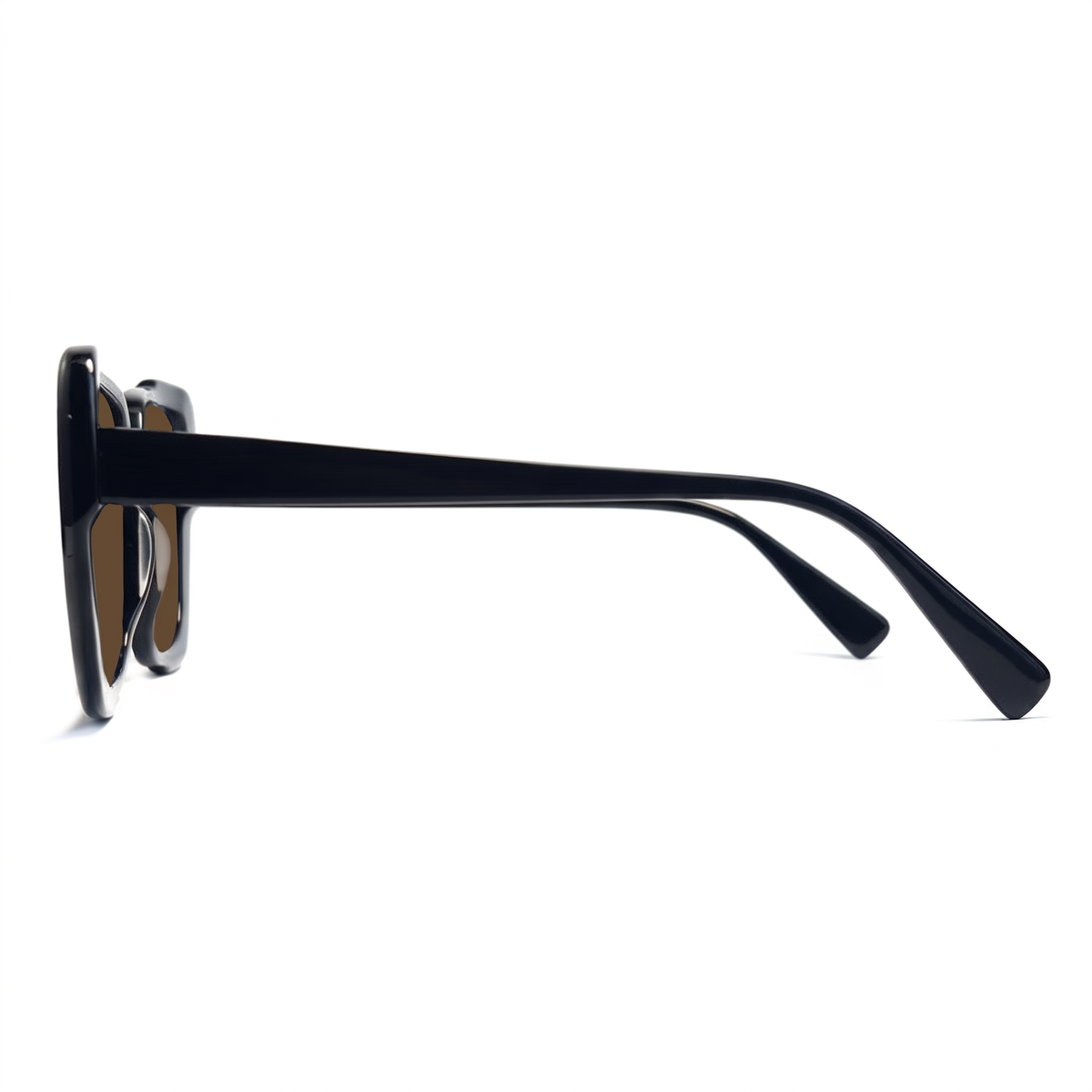 Black sunglasses with a brand logo on a white background