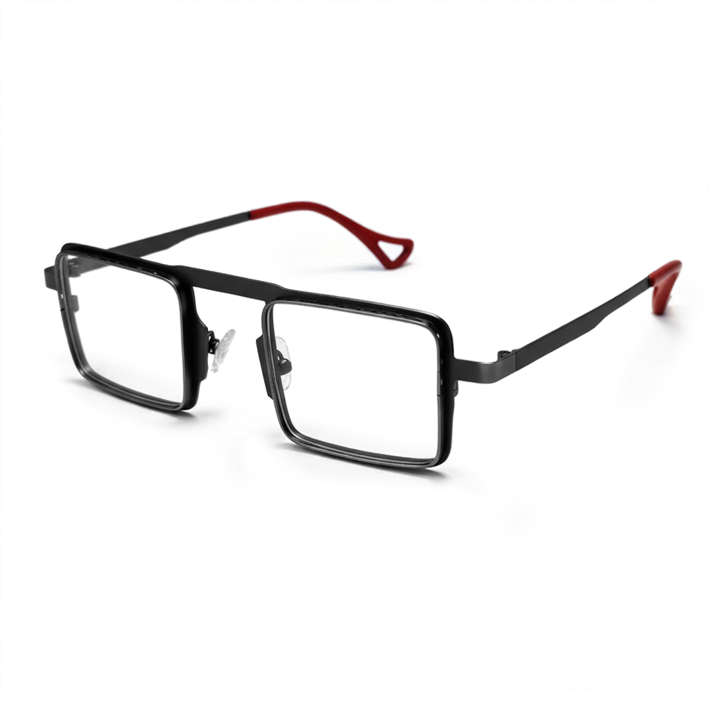 Black rectangular eyeglasses with red accents on a white background