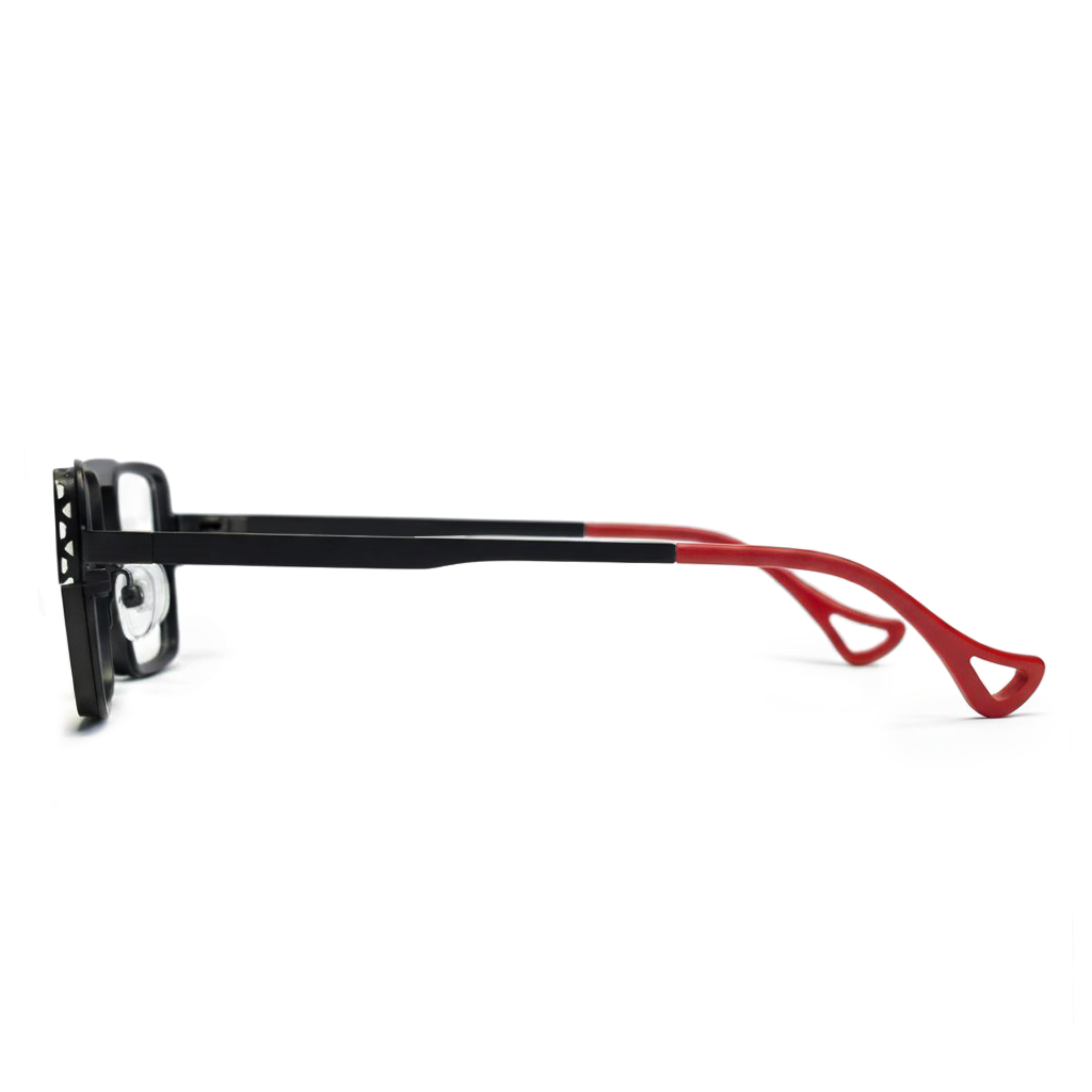 Black and red eyeglass frame on a white background