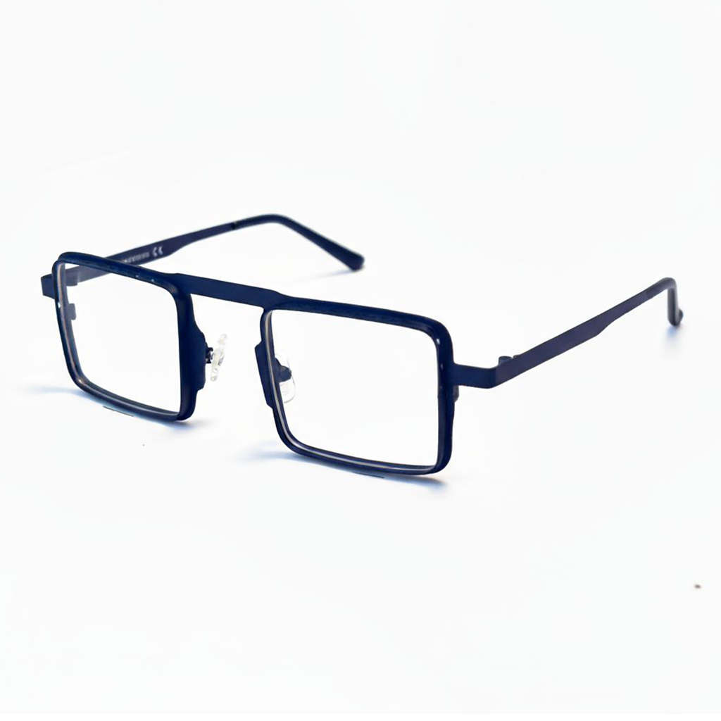 Navy blue rectangular eyeglasses on a white background