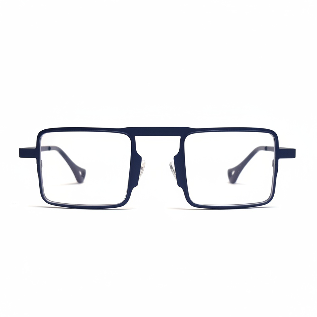 Navy blue eyeglasses on a white background