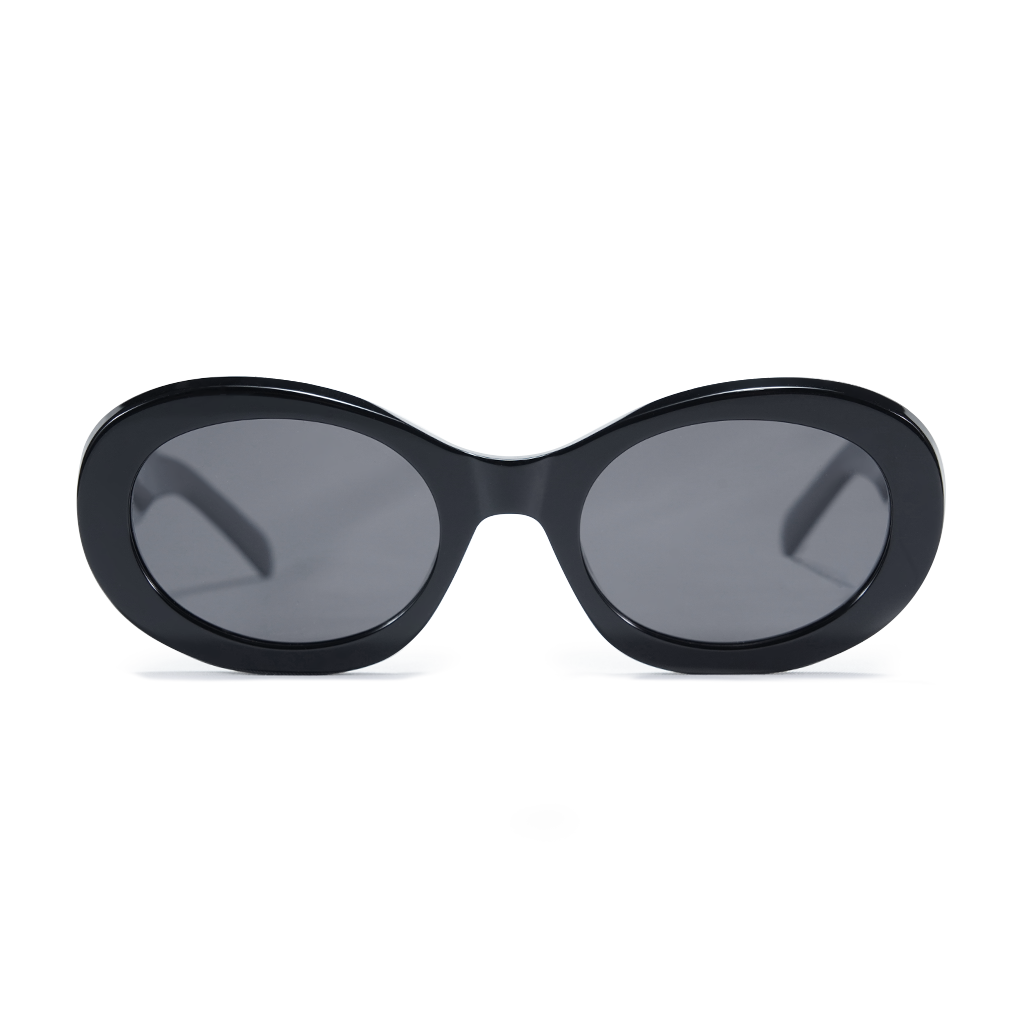 Oversized oval sunglasses with a glossy black frame and dark gray lenses, shown against a plain white background.