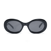 Oversized oval sunglasses with a glossy black frame and dark gray lenses, shown against a plain white background.
