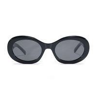 Oversized oval sunglasses with a glossy black frame and dark gray lenses, shown against a plain white background.