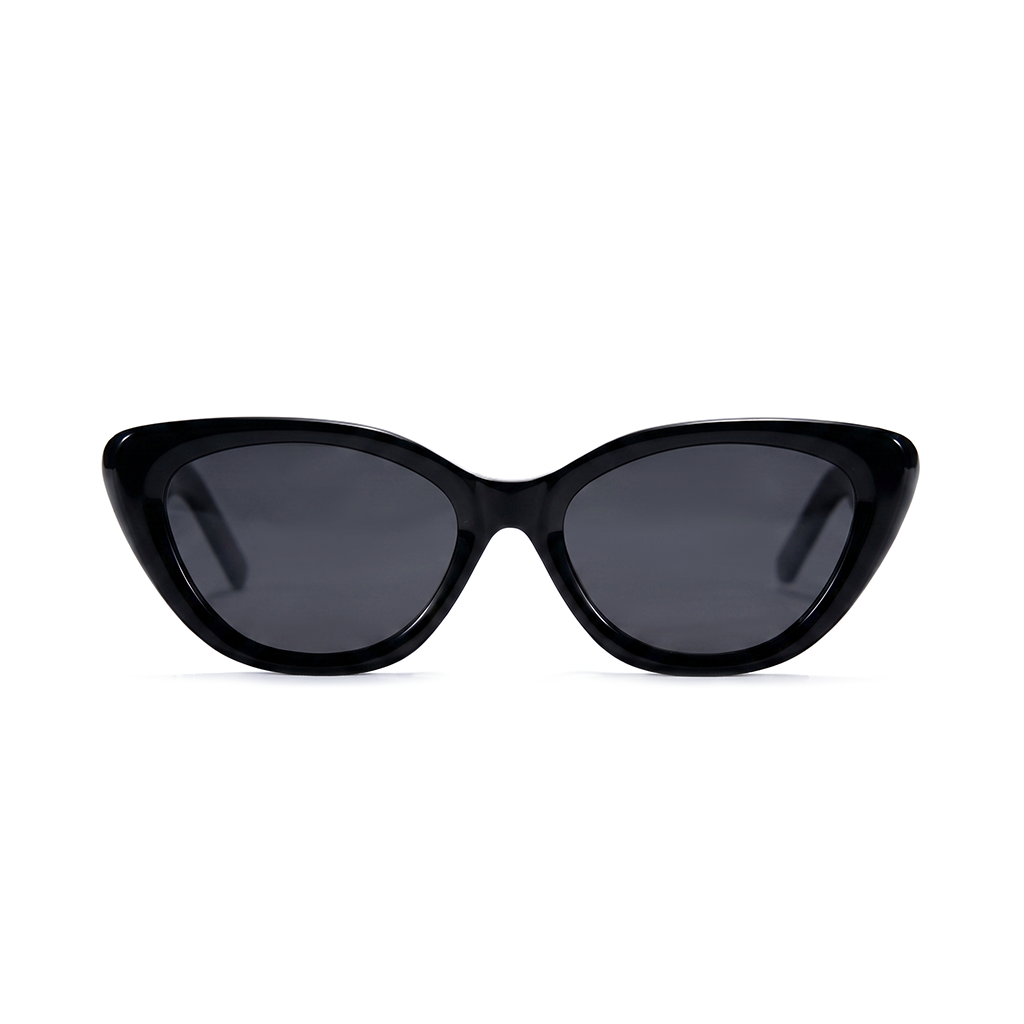 Black cat-eye sunglasses with dark gray lenses, shown from a front-facing perspective on a solid white background.