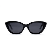 Black cat-eye sunglasses with dark gray lenses, shown from a front-facing perspective on a solid white background.