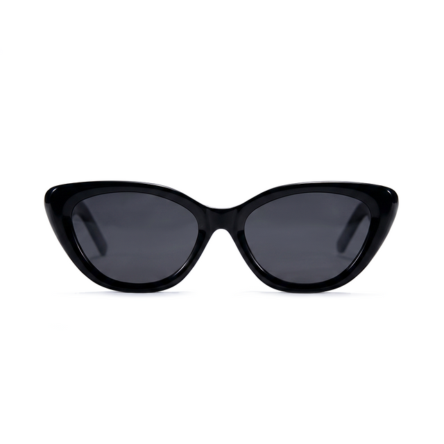 Black cat-eye sunglasses with dark gray lenses, shown from a front-facing perspective on a solid white background.