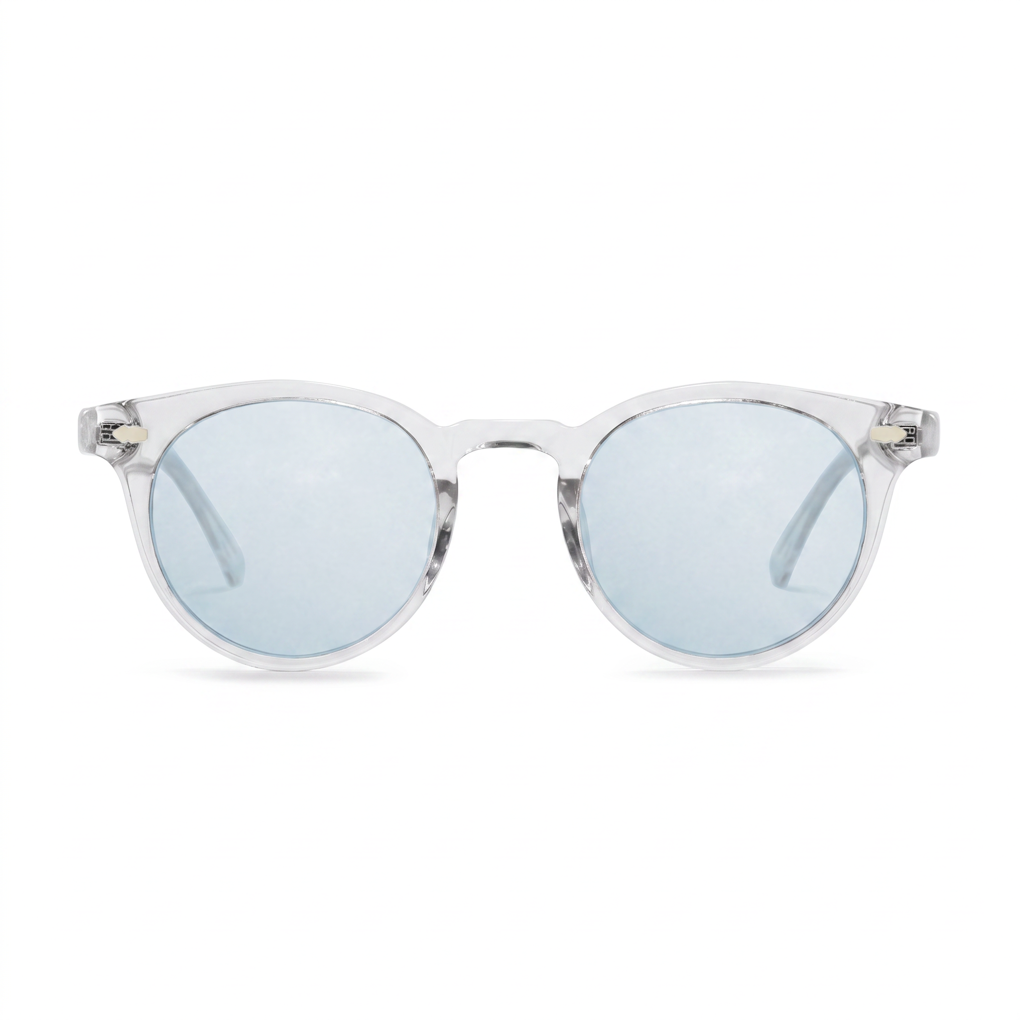 Round sunglasses with a translucent white acetate frame and light blue mirrored lenses, shown against a plain white background.