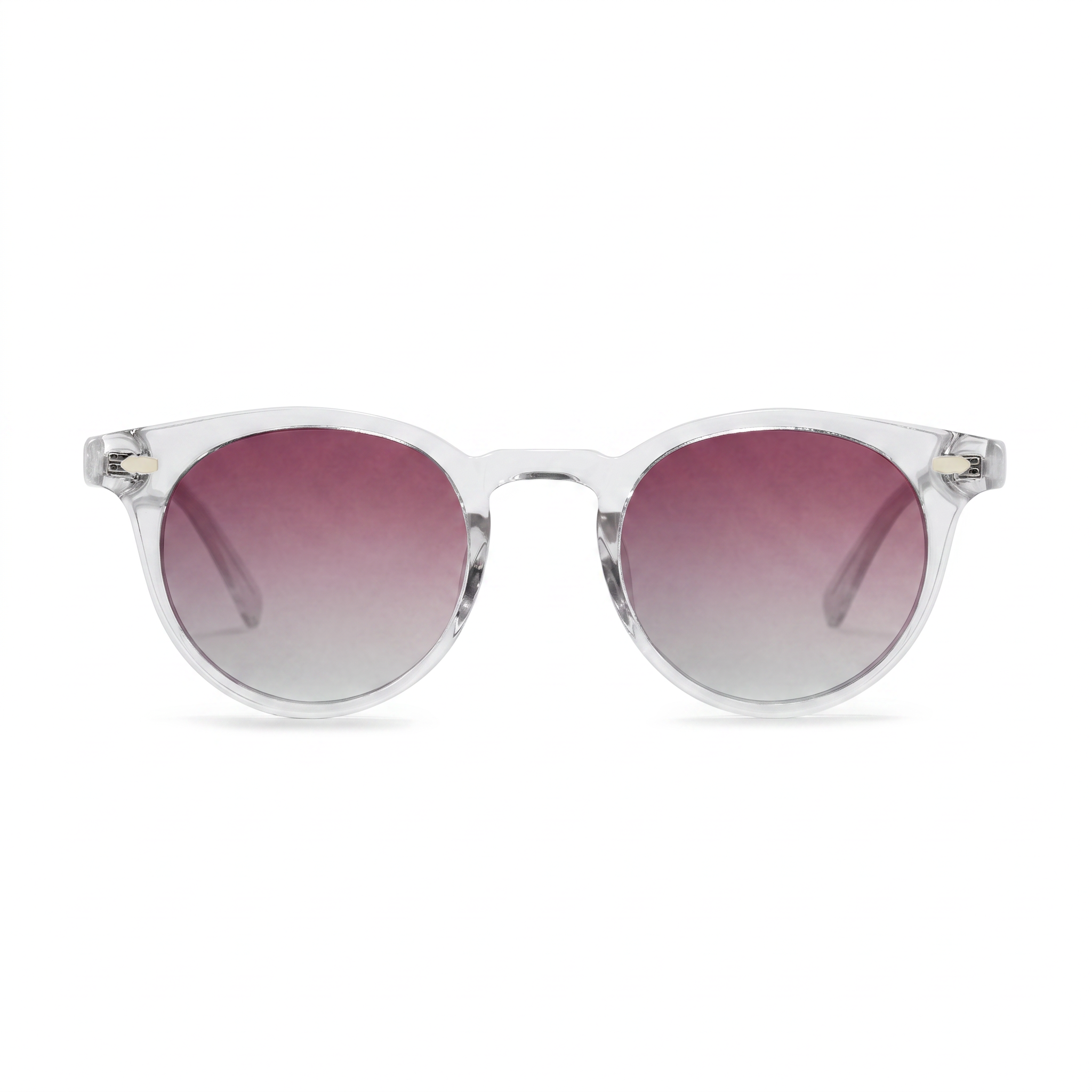 Round sunglasses with a translucent white frame and gradient pink-to-clear lenses, shown against a plain white background.