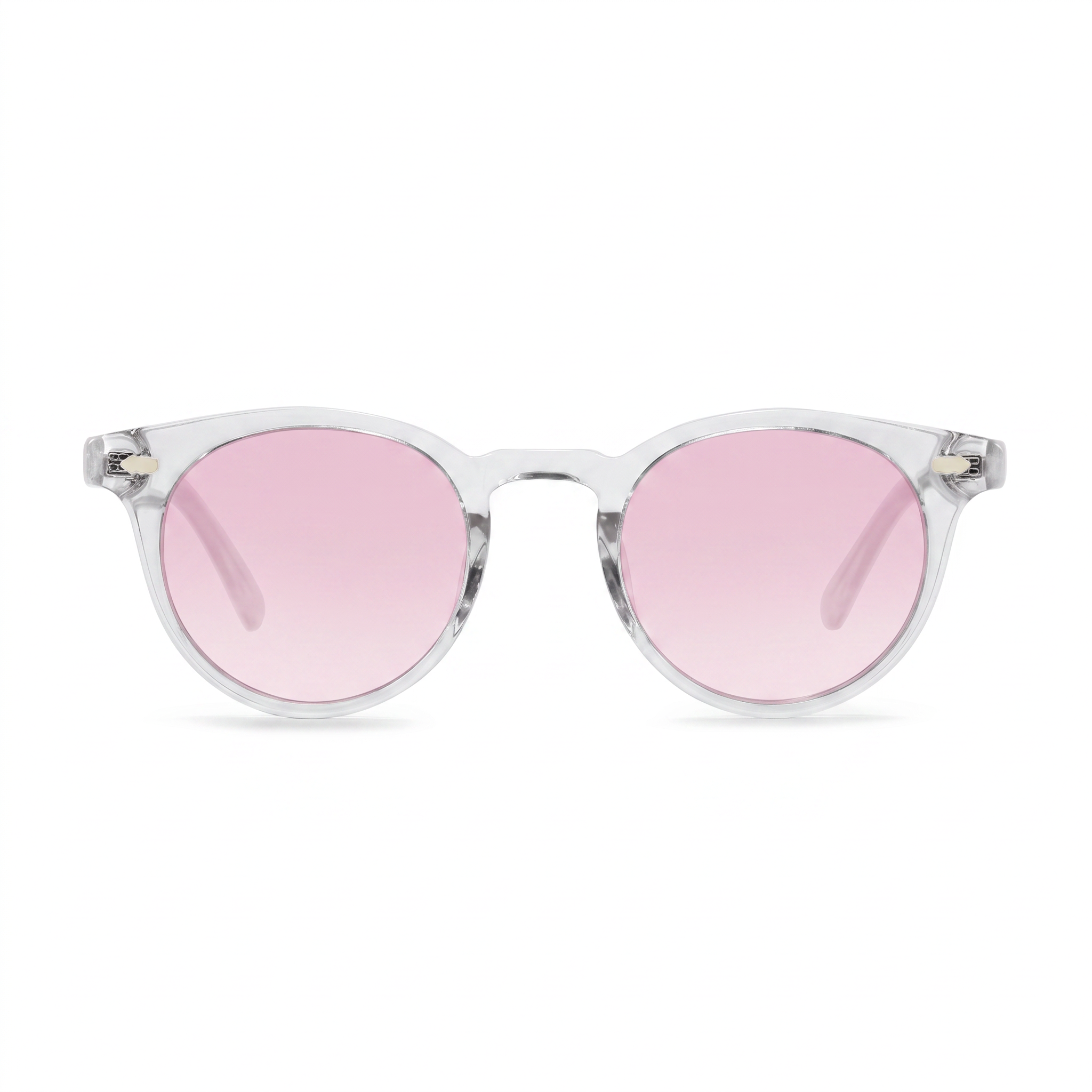 Round sunglasses with translucent white frames and pink gradient lenses, shown against a plain white background.