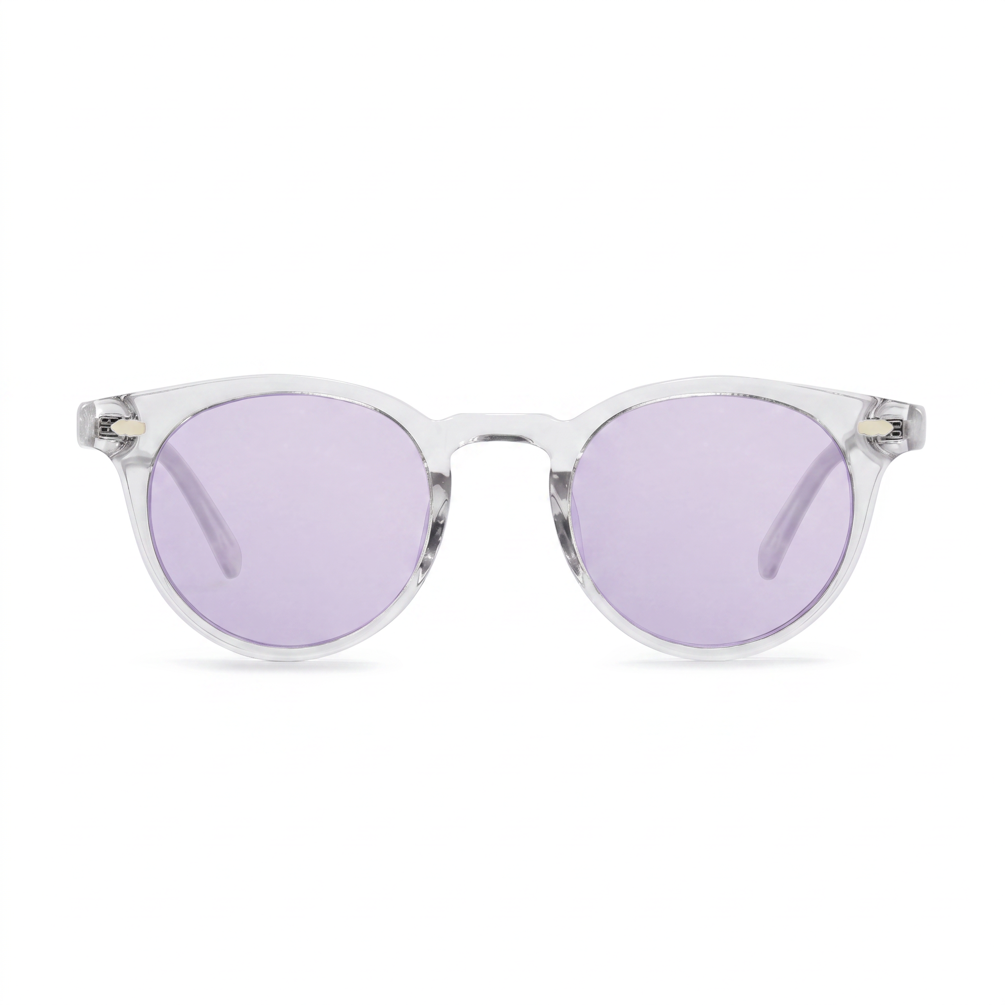 Round sunglasses with translucent white frames and light purple mirrored lenses, shown against a plain white background.