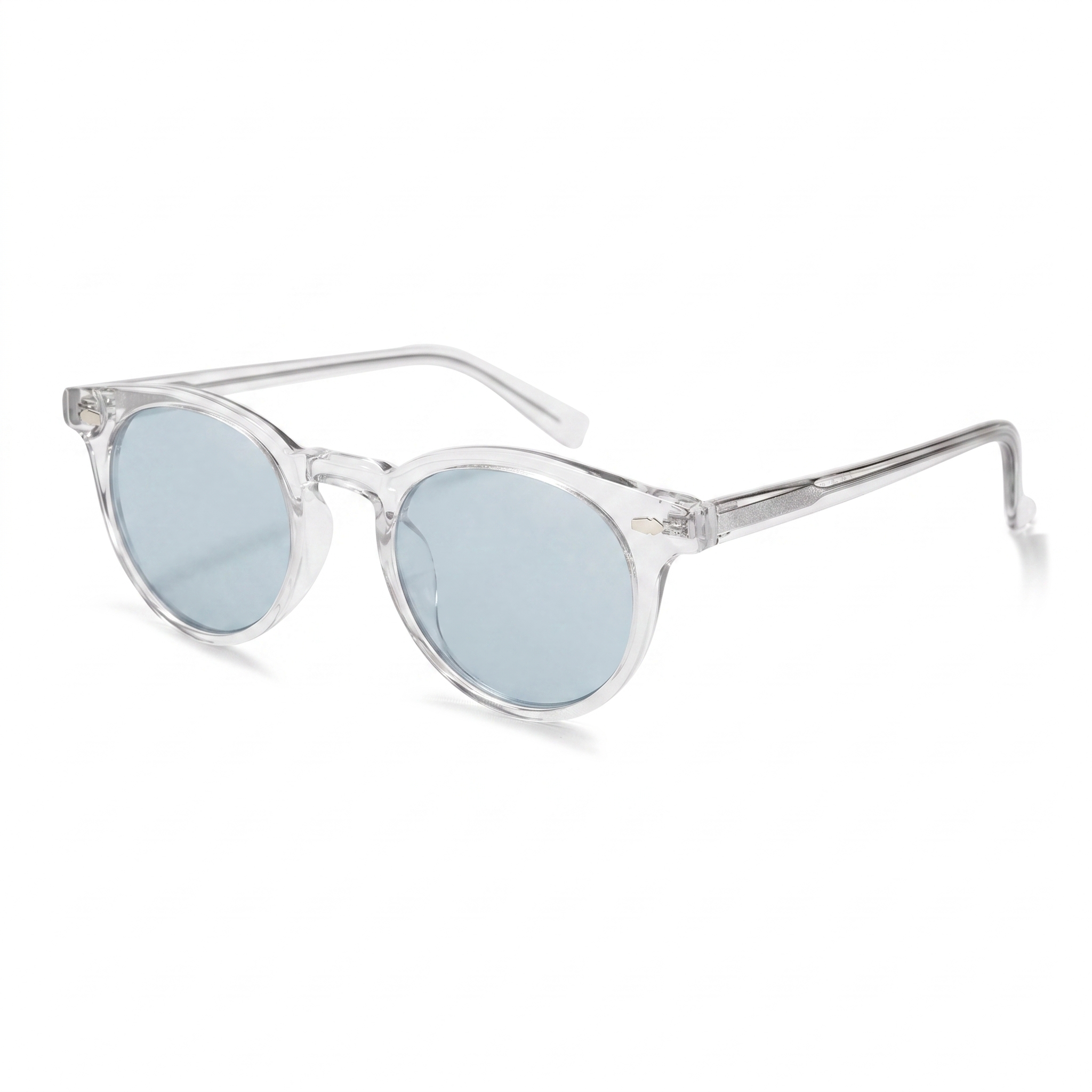 Round sunglasses with a clear transparent frame and light blue tinted lenses, shown on a clean white background.