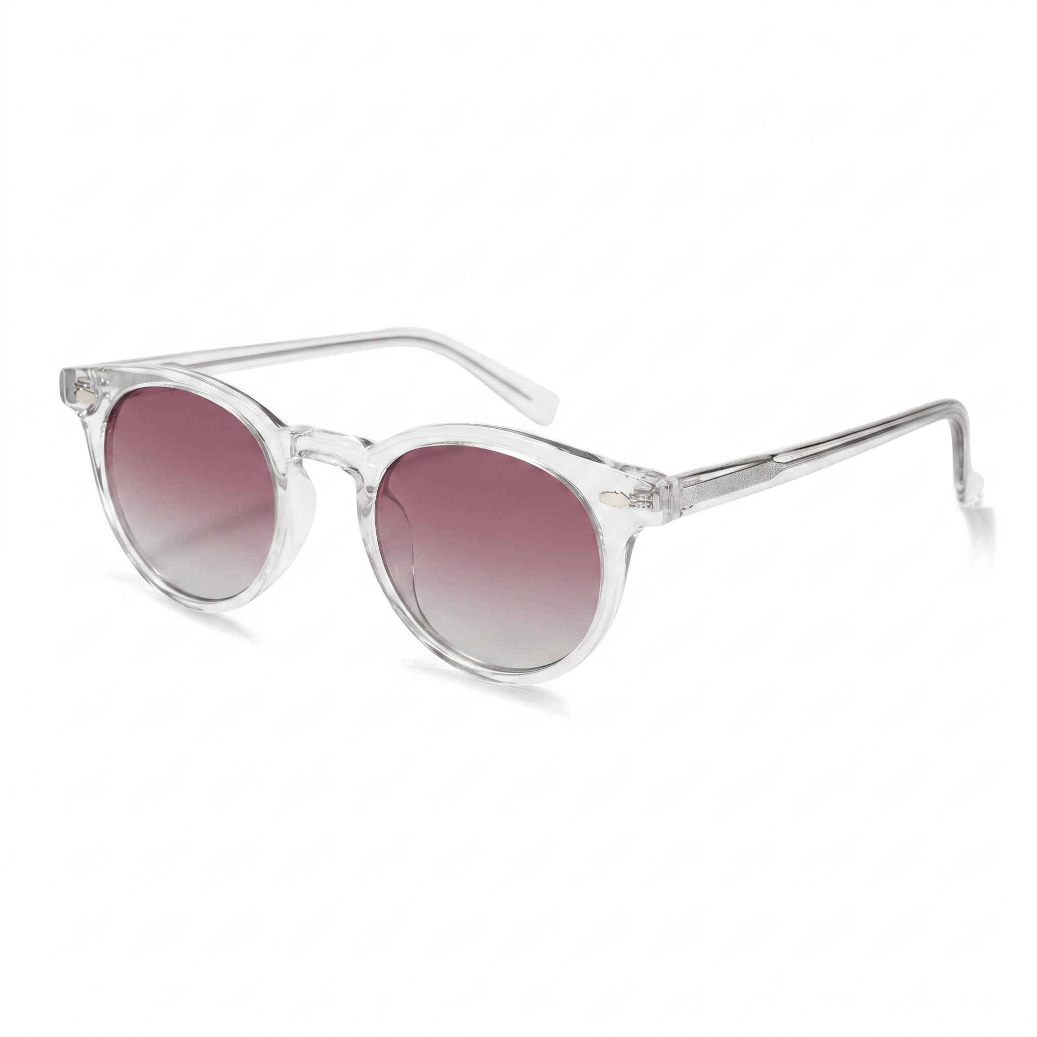 Round sunglasses with a clear transparent frame and pink gradient lenses, shown on a clean white background.