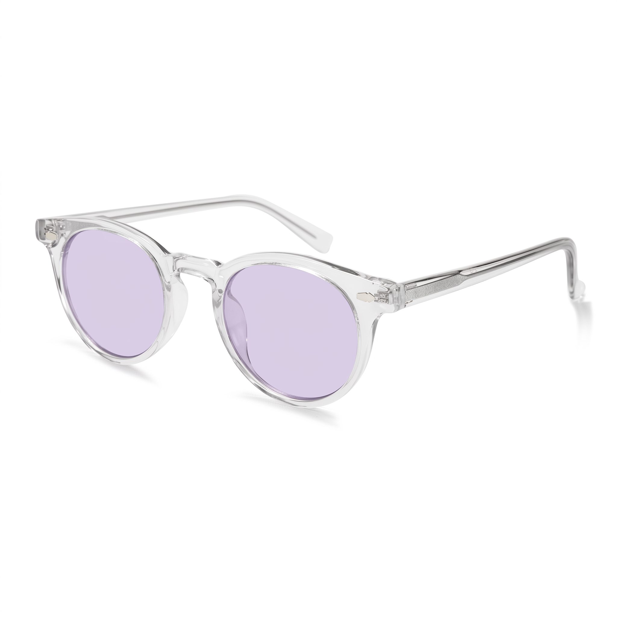 Round sunglasses with a clear transparent frame and light purple lenses, shown on a clean white background.