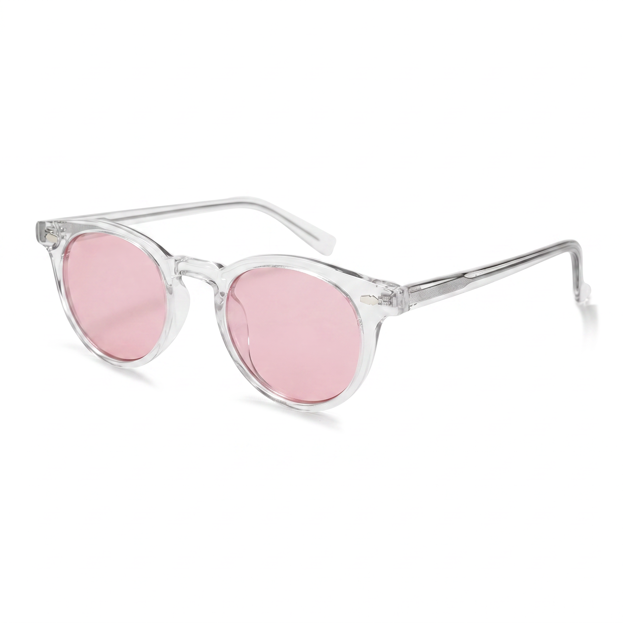 Round sunglasses with a clear transparent frame and light pink lenses, shown on a clean white background.