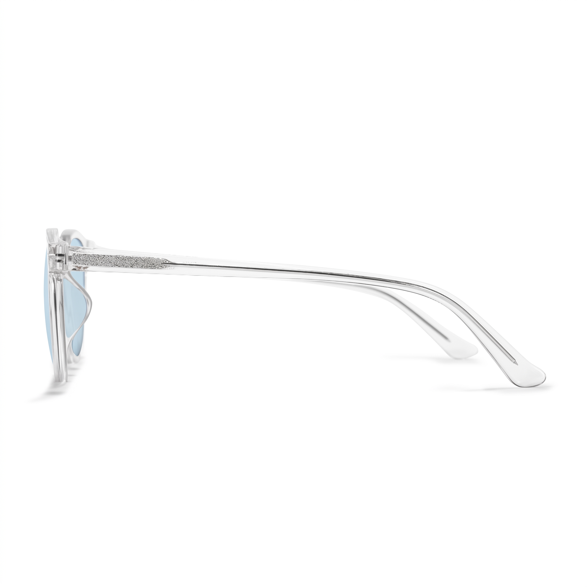 A pair of square-frame sunglasses shown in side profile on a clean white background. The frames are a light silver metal with a textured pattern on the hinge, and the lenses are a pale icy blue.