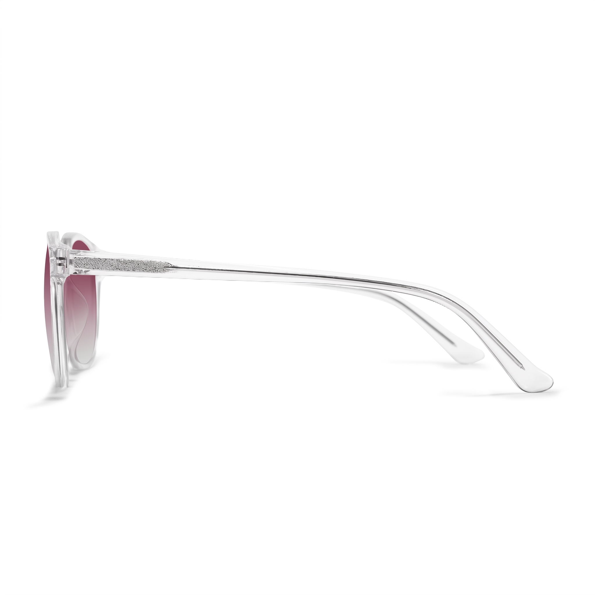 Side profile of a pair of sunglasses with a silver metal frame and pink-tinted lenses, shown on a clean white background.